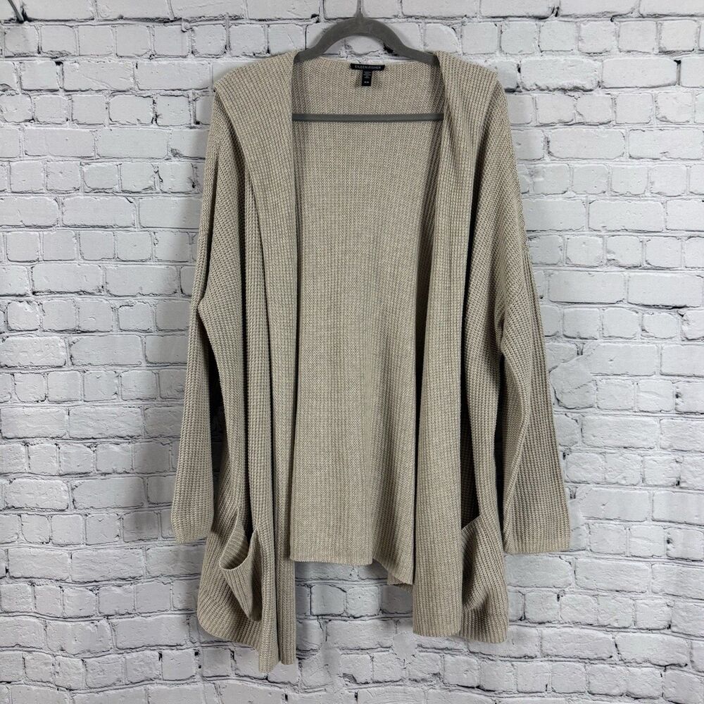Eileen Fisher Organic Cotton Hooded Open Front Cardigan Sweater Beige Women M